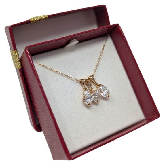 14K Gold Teardrop Pendant Necklace JCM CZ Triple Drop Pendant Gold Necklace - Picture 2 of 5